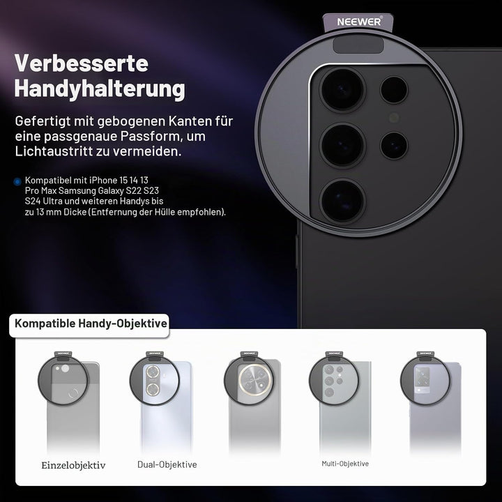 NEEWER 67 mm 1/4 schwarzer Diffusionsfilter & Kaltschuh-Handyclip für Handy, inklusive Tragetasche u