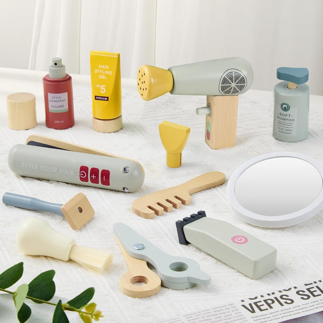 Holz Friseur Set Kinder mit Haartrockner Glätteisen Kamm Haarstyling Rasierzubehör Salon Friseur Zub