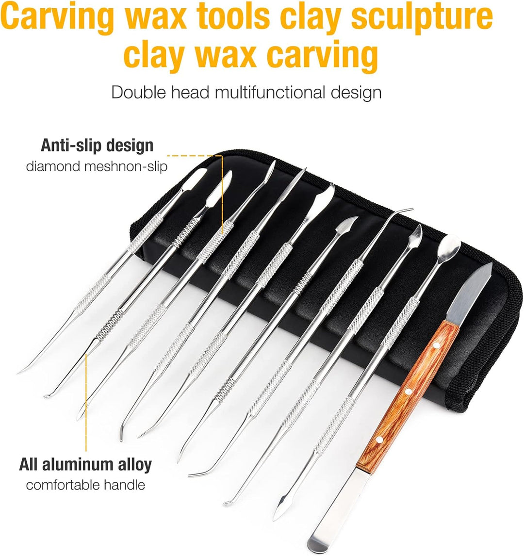 MOPOIN Modellierwerkzeug, 10 Stück Töpferwerkzeug Set Edelstahl Ton Werkzeug mit Tragetasche, Doppel