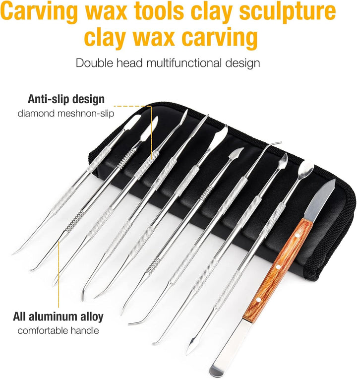MOPOIN Modellierwerkzeug, 10 Stück Töpferwerkzeug Set Edelstahl Ton Werkzeug mit Tragetasche, Doppel