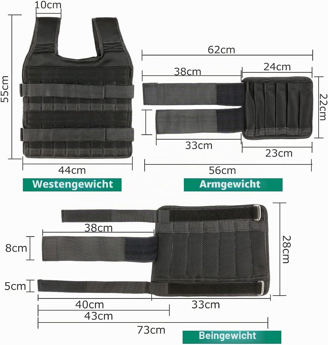 35kg Gewichtsweste mit 6kg Bein- und 5kg Armgewichten, Verstellbare Trainingweste mit 32 Taschen, Me