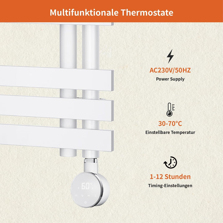 Heizstab 600W für Badheizkörper Elektrisch mit Thermostat, Vollbild Touch Bedienung, Einfach &amp; Effiz