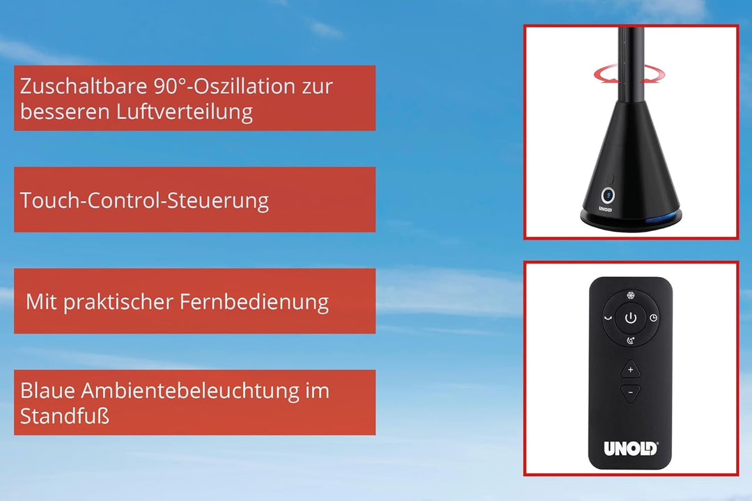 UNOLD 86865 TURMVENTILATOR Black Tower mit 9-stufiger Geschwindigkeitsregelung, zuschaltbarer 90° Os