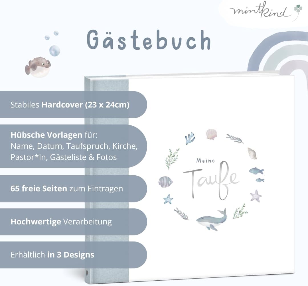 mintkind® Gästebuch Meine Taufe Wal I für Junge & Mädchen | Taufbuch, Taufgeschenk, Taufalbum, Erinn