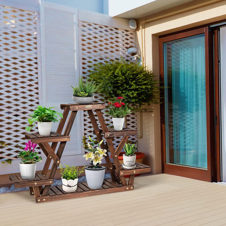 GOPLUS 6 Ebenen Blumenregal, Pflanzenregal, Blumentreppe Holz für Garten & Balkon, 99x25x64cm