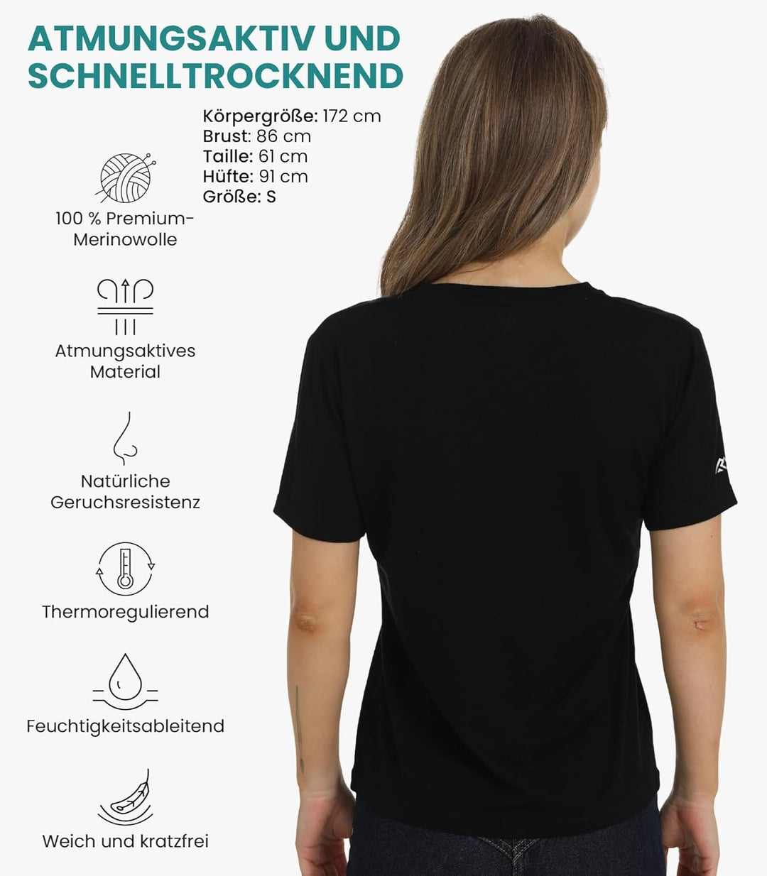 Merino.tech 100% Merino T Shirt Damen - Merinowolle Sport Wandern Thermoshirt Damen + Wandersocken B