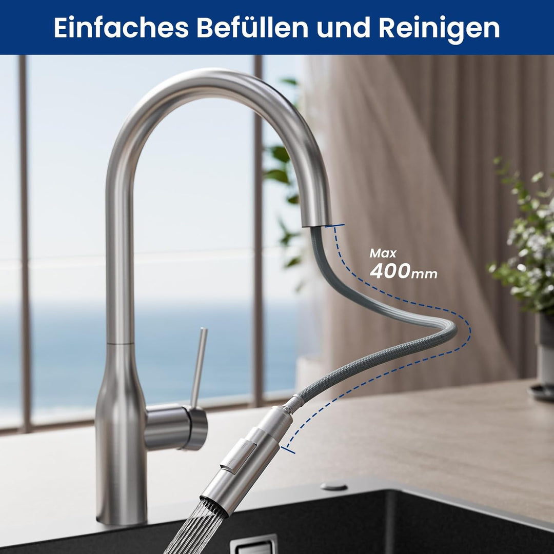 CECIPA Wasserhahn Küche Ausziehbar, Hochdruck Küchenarmatur Edelstahl, 360° Schwenk Armatur Küche mi