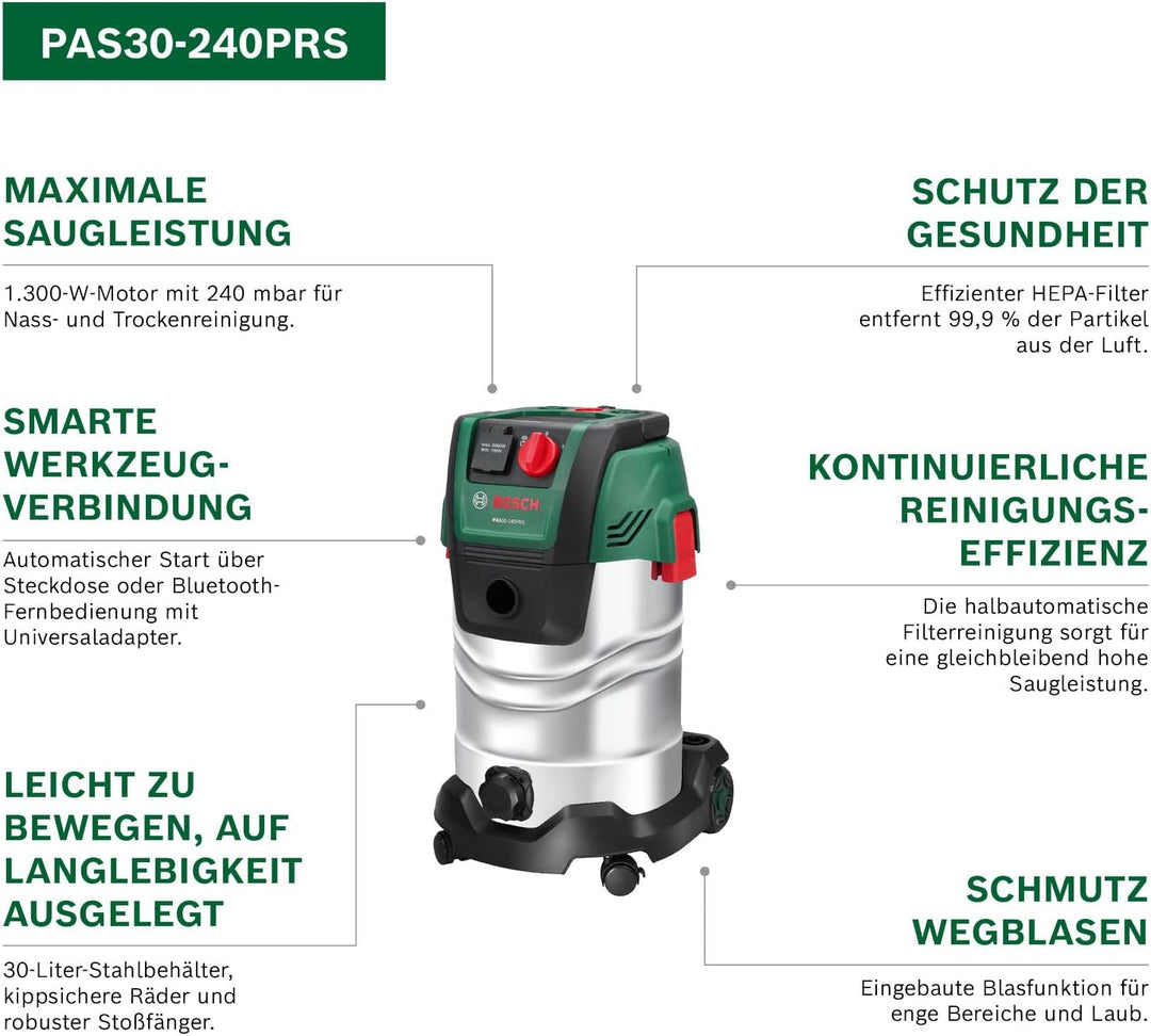 Bosch kabelgebundener Sauger PAS30-240PRS (Verlängerungsrohre (Edelstahl), Schlauch 2,2 m, Griff-/Wi