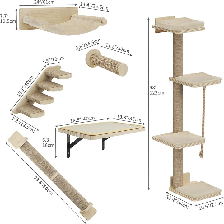 YITAHOME 7PCS Kletterwand Katzen, Katzen-Wandmöbel aus Holz, Katzen-Kletterbaum mit 3 Kratzbäumen/4