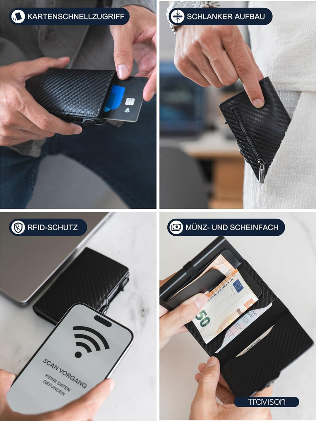 Travison® SMART Wallet mit Münzfach und Geldscheinfach - Kartenetui mit Münzfach und Schnellzugriff