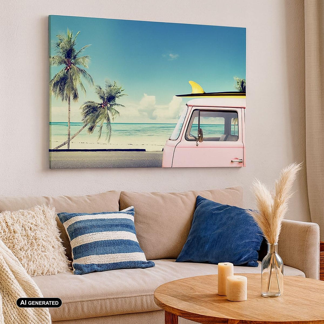 Bilder auf Leinwand 100x70cm Leinwandbild Auto Surfbrett Strand Ozean Gross Wanddeko Bild Schlafzimm