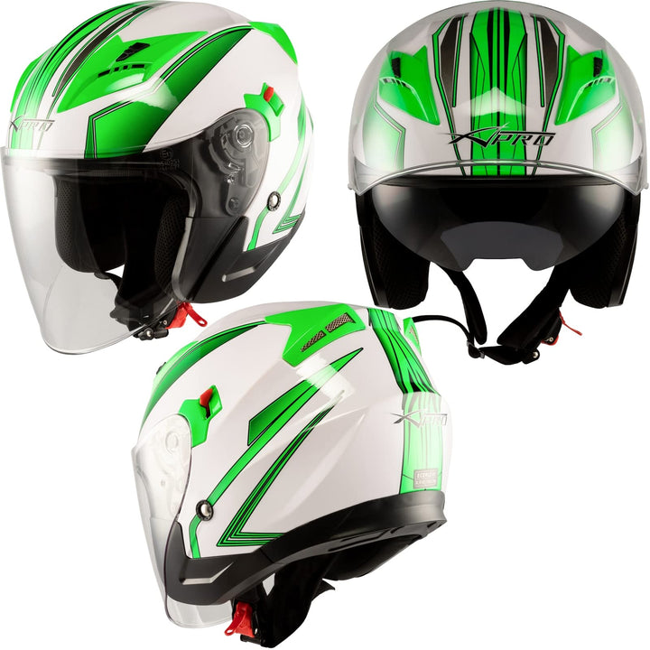 Motorradhelm Doppeltvisier City Jet Zertifikat ECE 22-06 Scooter 53-54 cm ( XS) Weiss Grün, 53-54 cm