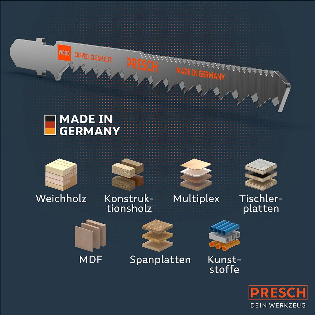 Presch Stichsägeblätter Holz 10 Stk. (Kurve) - Sehr sauberer Kurvenschnitt (4-30mm) - Stichsägeblatt