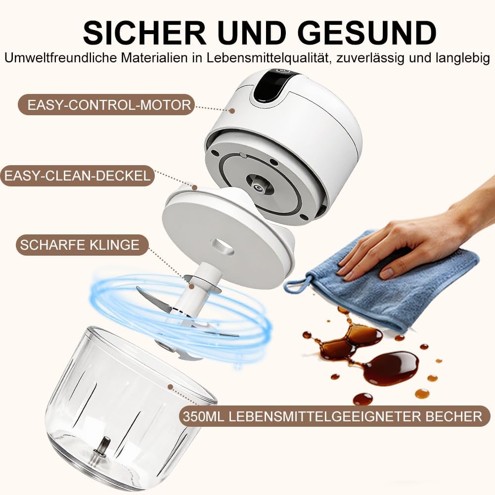 Elektrischer Küchenzerkleinerer, 350ml Zwiebel Zerkleinerer Elektrisch, USB-Aufladung, Kabelloser Ze