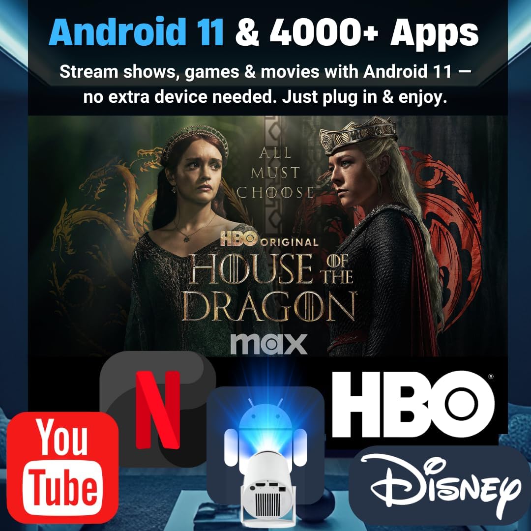 Mini Beamer 4K Mini Projektor mit Android 11, WiFi6 & Bluetooth5.4, Full HD Projektor,160 Ansi Lumen