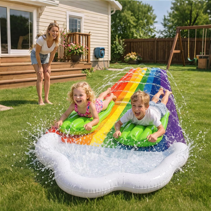 Morofme Regenbogen Wasserrutsche Garten für Kinder, 480x140cm Doppelte Wasser Rutschbahn mit Bodyboa