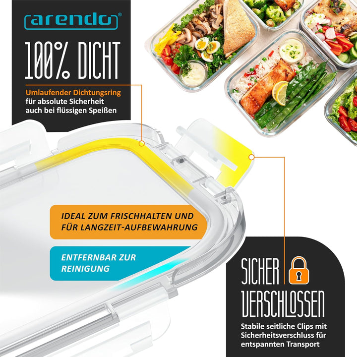 Arendo - Lunchboxen Glas - Frischhaltedosen für Lebensmittel mit Deckel luftdicht - 2er Set - 1520 m
