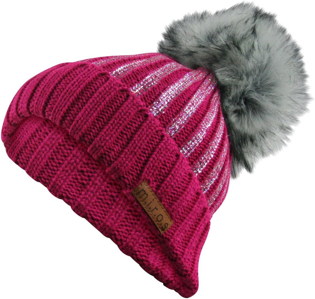 m.i.r.o.s Odette Damen Wintermütze Pink mit Pailletten Print | handgemachte Bommel Mütze