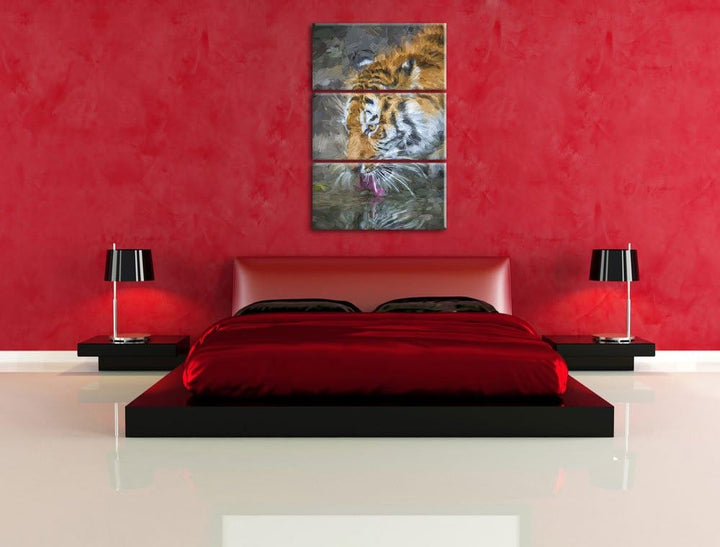 Tiger am Wasser Spezial 3-Teiler Leinwandbild 120x80 Bild auf Leinwand, XXL riesige Bilder fertig ge