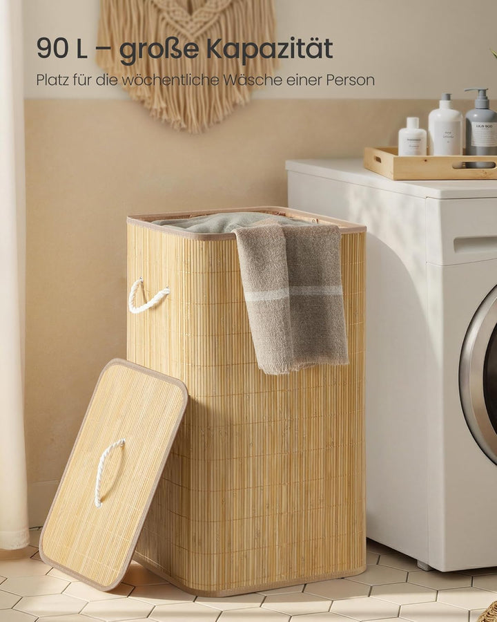 SONGMICS Wäschekorb mit Deckel, 90 L, Wäschesammler Bambus, rechteckig, Wäschebox mit Griffen, faltb