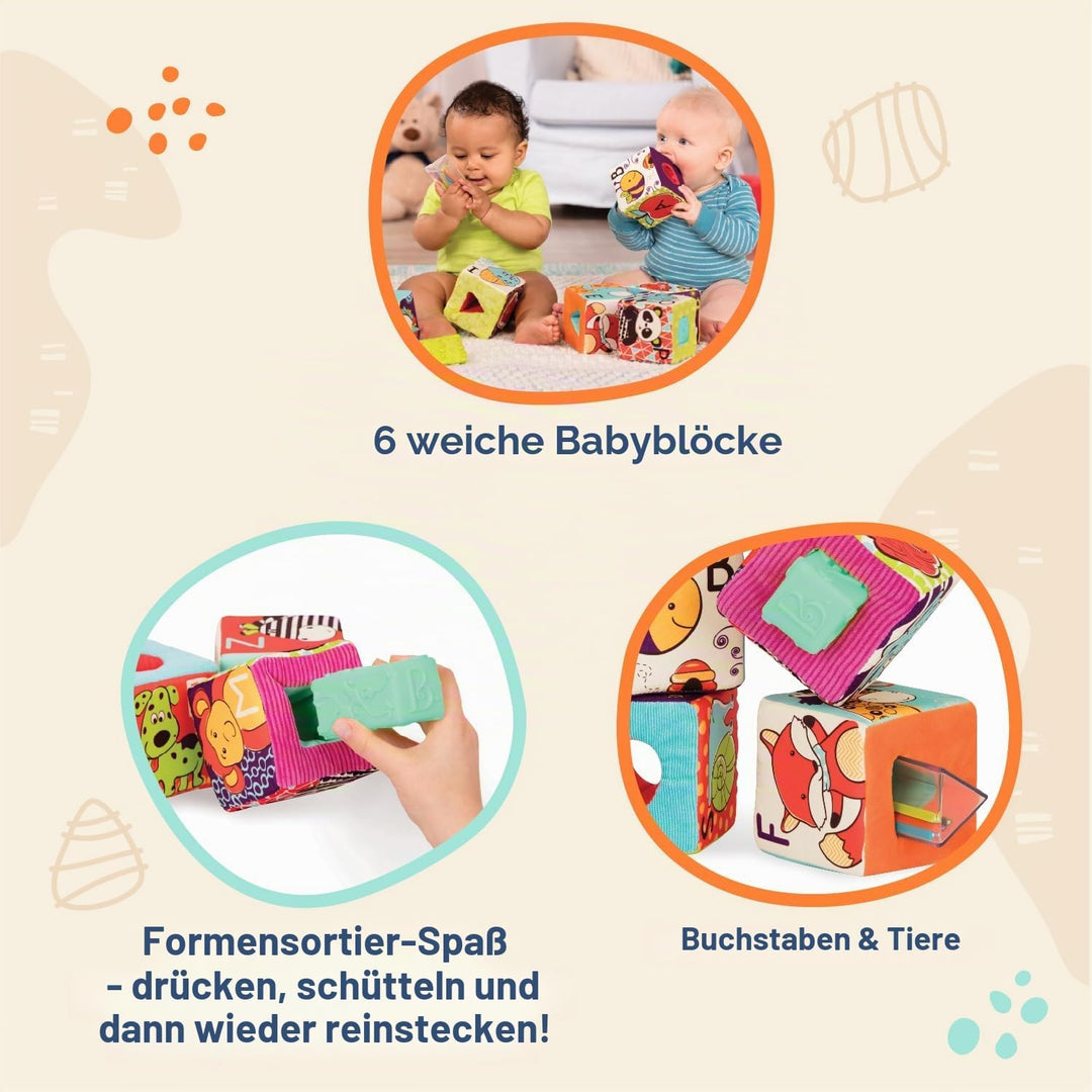 B. toys - ABC Block Party - Soft-Alphabet-Blöcke - 6 Bauklötze &amp; 5 Einsätze für Babys - Briefe &amp; Tie