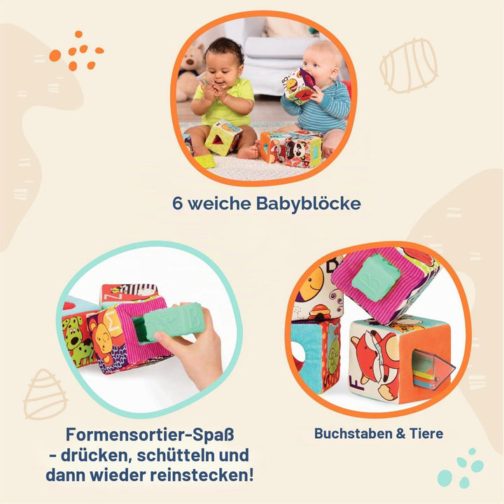 B. toys - ABC Block Party - Soft-Alphabet-Blöcke - 6 Bauklötze &amp; 5 Einsätze für Babys - Briefe &amp; Tie