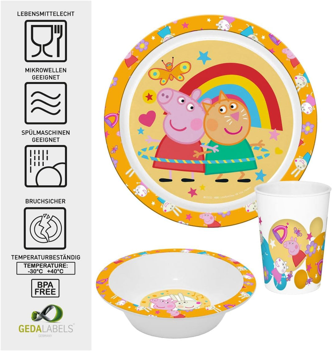 Kindergeschirr Peppa Pig 3teilig PP, Geschirrset, Teller, Schale, Becher, Kunststoff, unzerbrechlich