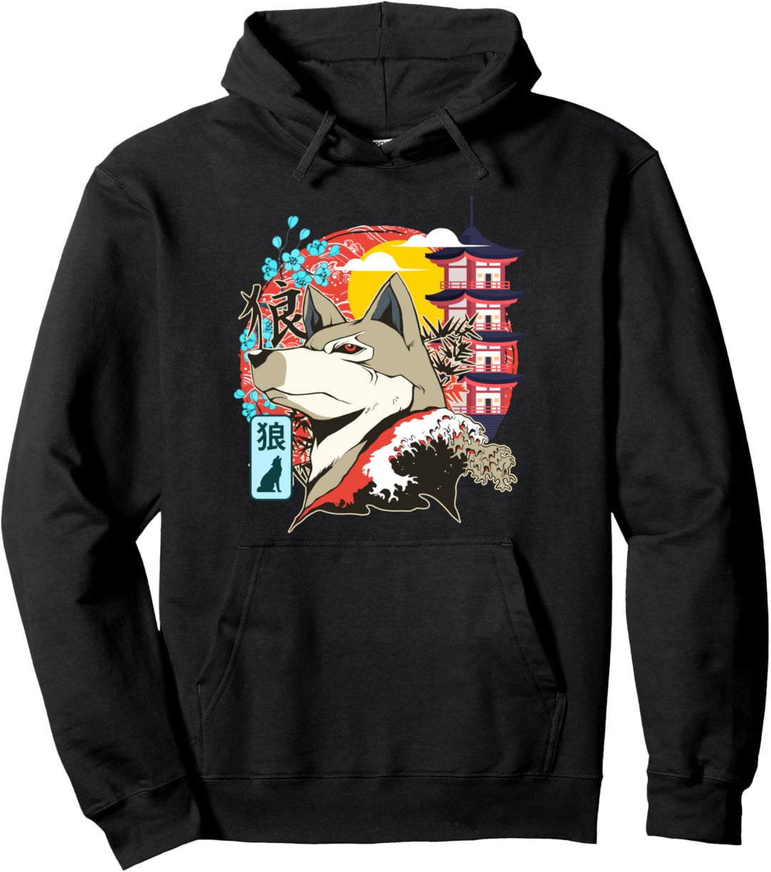 Japanischer Wolf Great Wave Kanagawa Japanische Vintage-Kunst Pullover Hoodie