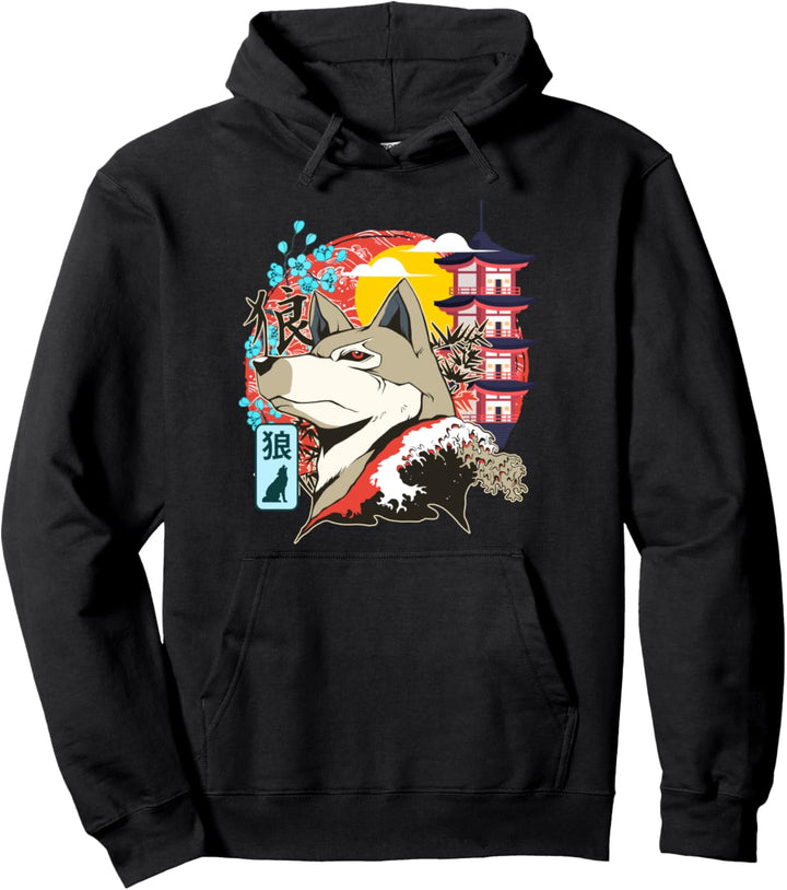 Japanischer Wolf Great Wave Kanagawa Japanische Vintage-Kunst Pullover Hoodie