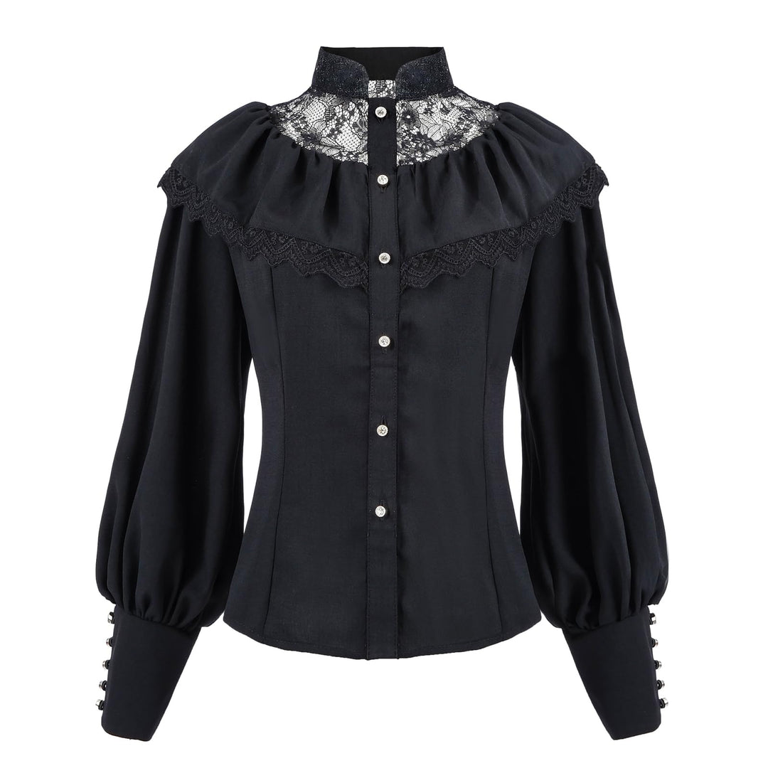 Fiamll Damen Viktorianisch Bluse Vintage Schleifenhemd Stehkragen mit Rüschen Langarmshirt Mittelalt