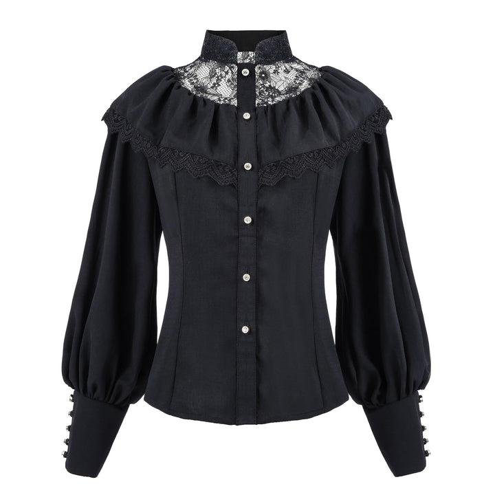 Fiamll Damen Viktorianisch Bluse Vintage Schleifenhemd Stehkragen mit Rüschen Langarmshirt Mittelalt