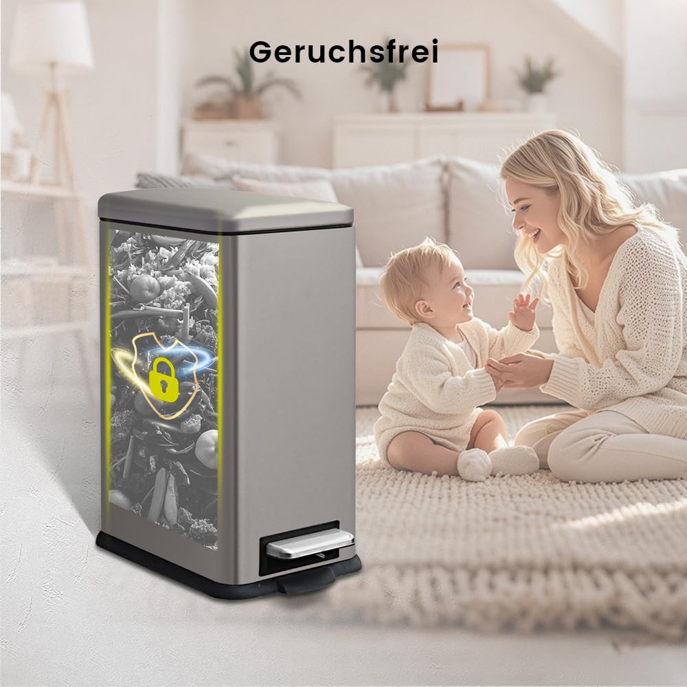 Mülleimer,10L Badezimmer Mülleimer,10 Liter Schmaler Abfalleimer mit Pedal,Treteimer Küche mit Innen