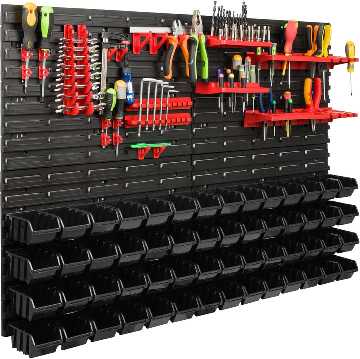 Lagersystem Werkstattregal | 115 x 78 cm | 56 stck. Box | Wandregal mit Werkzeughalterungen und Stap