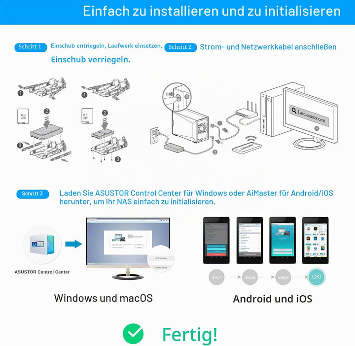 Asustor AS5304T Nimbustor 4 Bay NAS - Netzwerkspeicher Gehäuse, Quad Core 1,5GHz CPU, 4GB DDR4 4 Bay