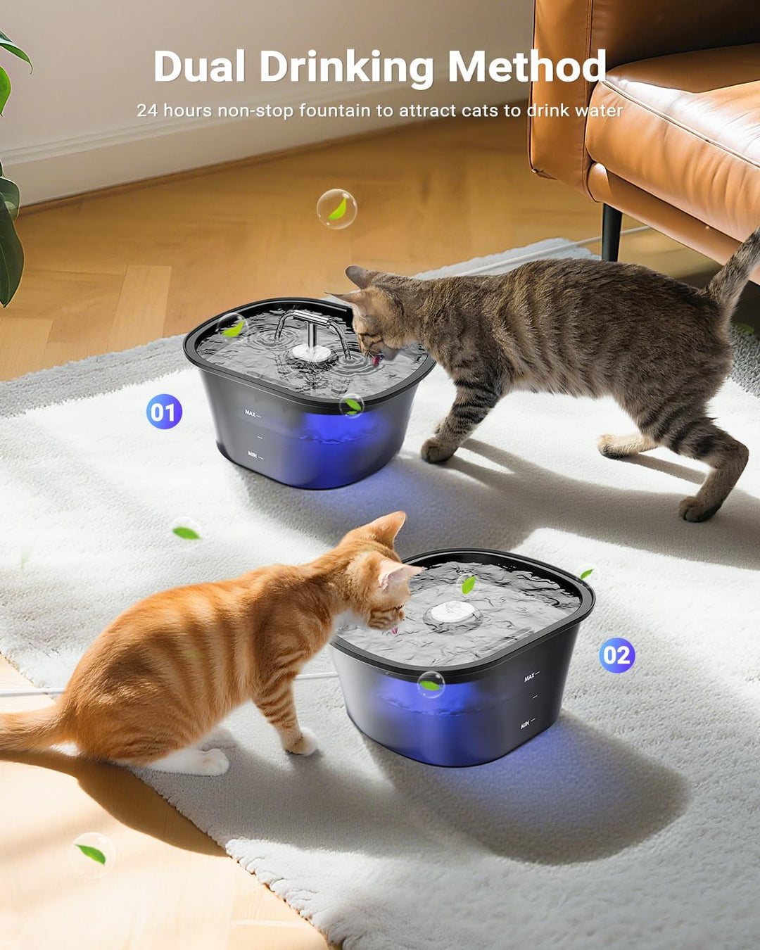 Katzenbrunnen, 2,5L Trinkbrunnen für Katze, Ultra Leise Wasserbrunnen für Katzen mit LED und Aktivko