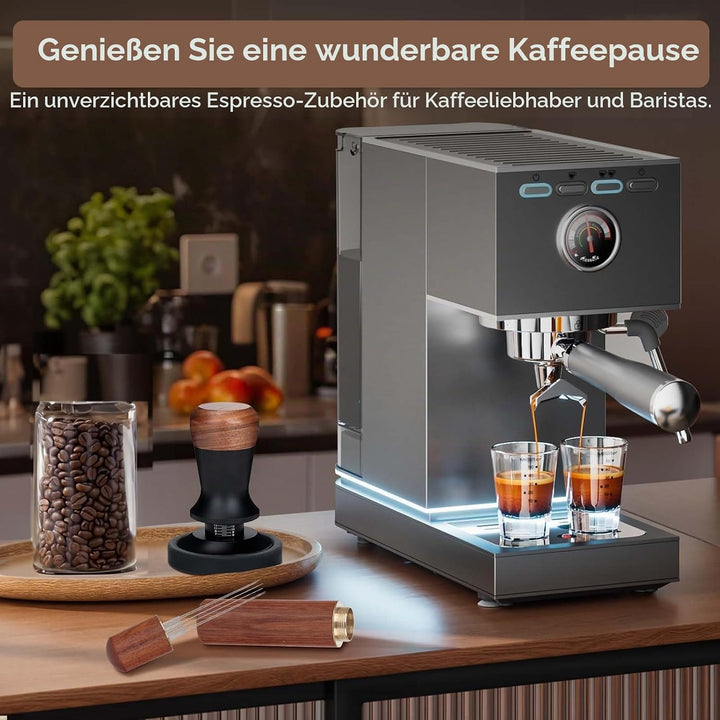 Kaffee Tamper Set: Tamper 51mm mit Holzgriff-WDT Tool mit 6 Nadel-Silikon Tampermatte, Kaffeestampfe