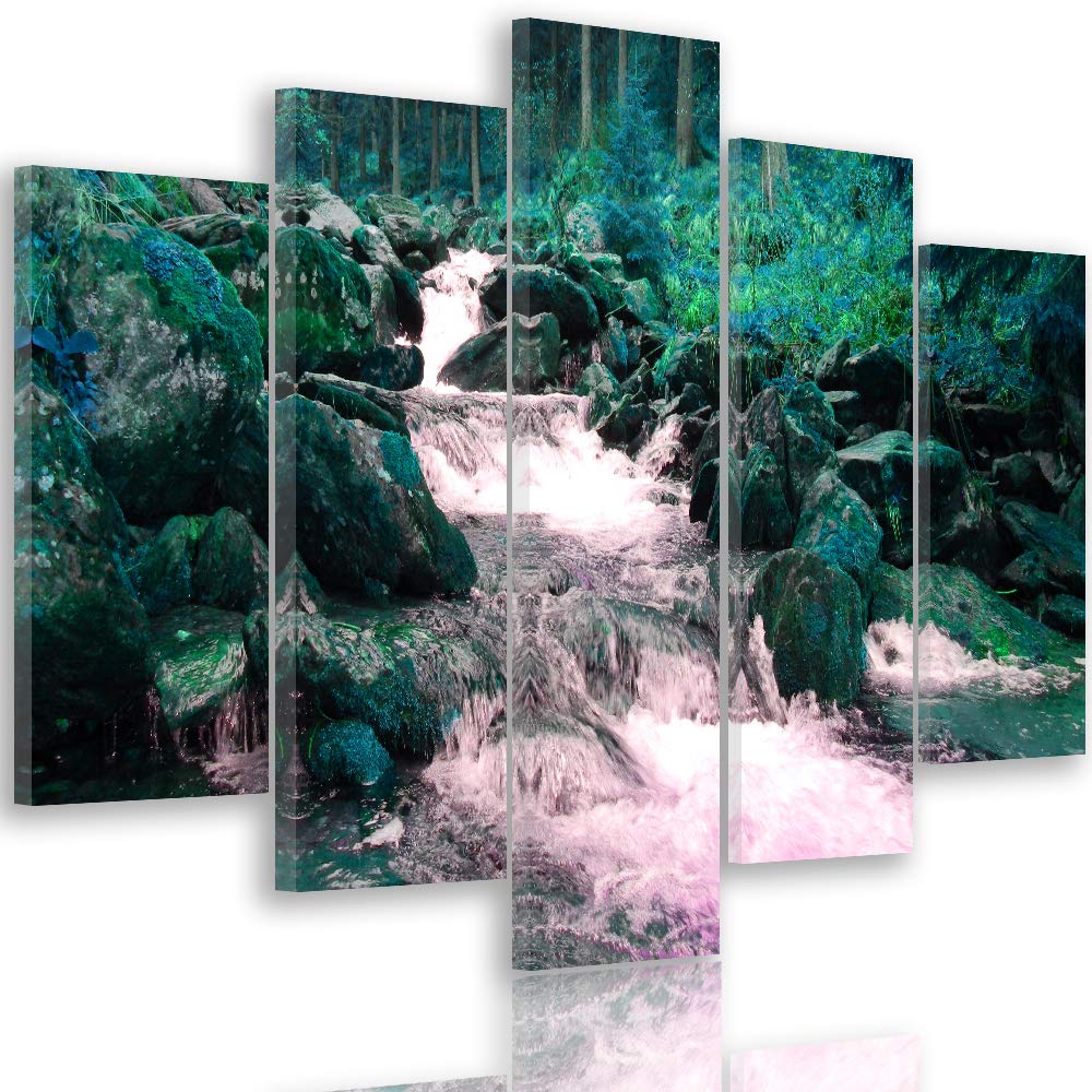 Bilder Fluss 150x100 cm - Leinwandbild 5 Teilig XXL Kunstdruck Natur Wald grün Leinwandbild XXL 150x