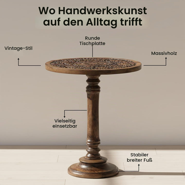 iAnanas Beistelltisch rund 46x46x56 cm – Handgeschnitzt aus massivem Mangoholz, braun – Antiker Wohn