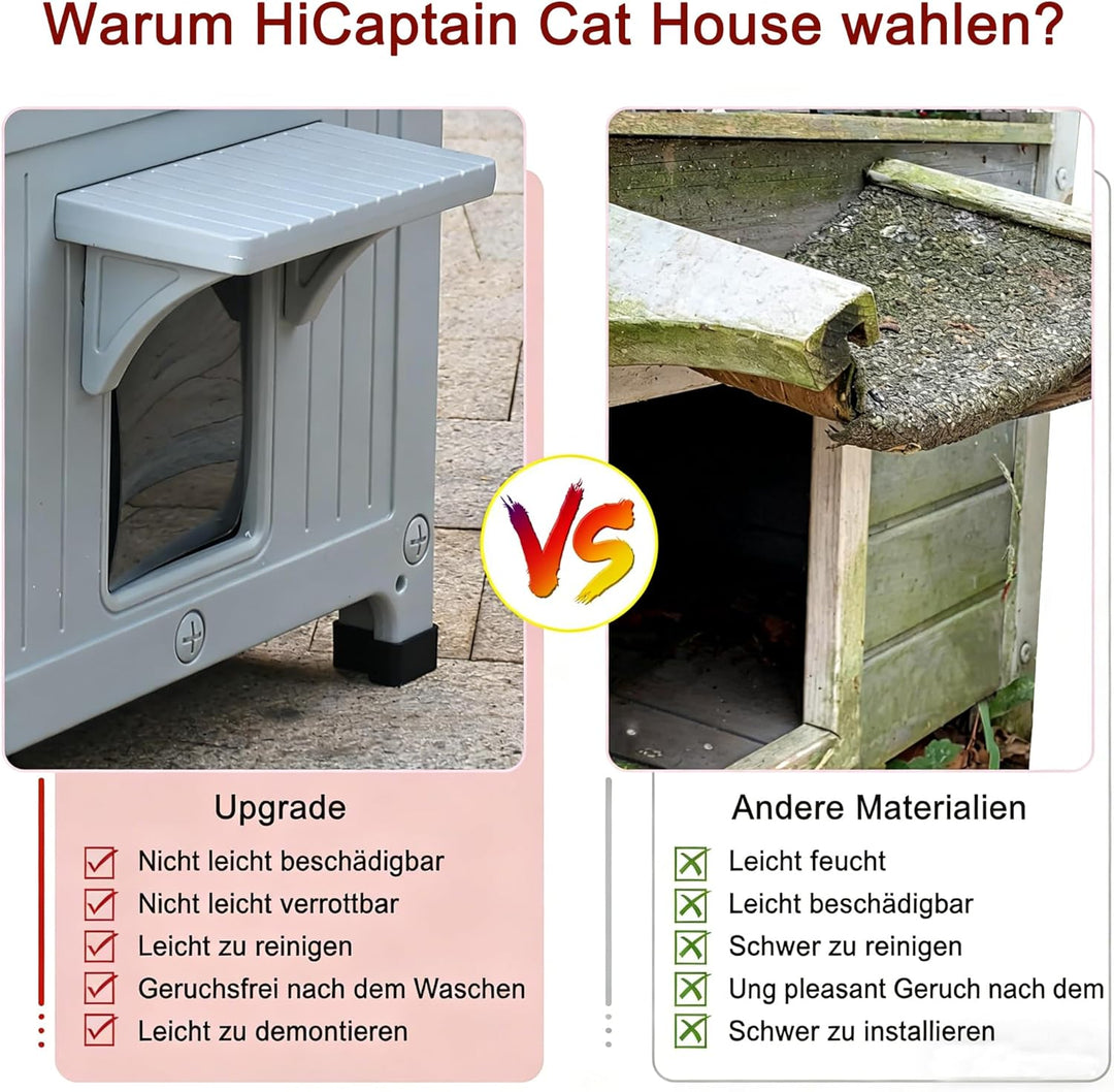 Katzenhaus Outdoor, Zweistöckiges Wetterfestes Katzenunterschlupf aus HDPE-Kunststoff mit Fluchttür,