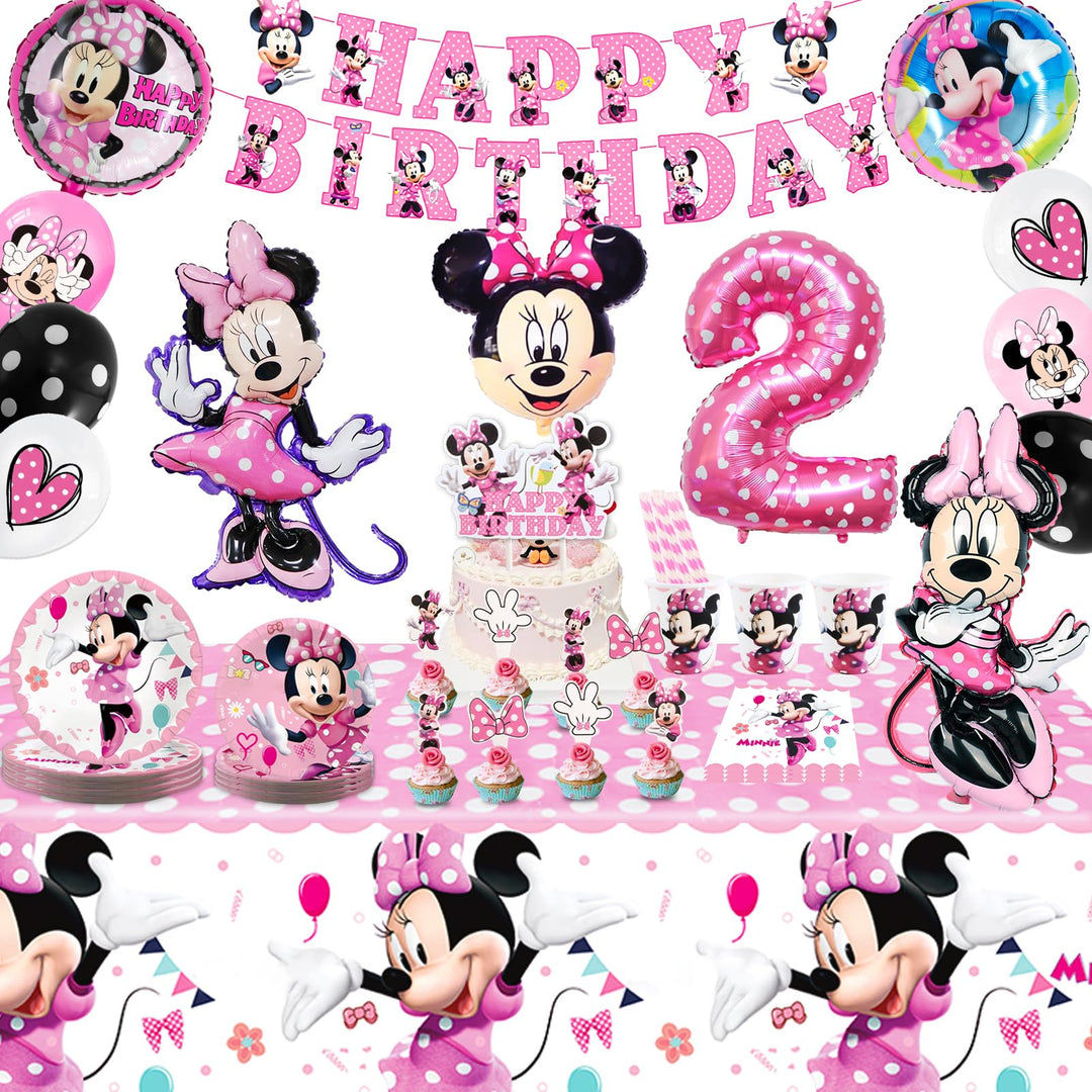 Partygeschirr 109 Stück Minnie Geburtstagsdeko Mädchen Junge Deko 2 Jahre, Thema Kindergeburtstag Lu