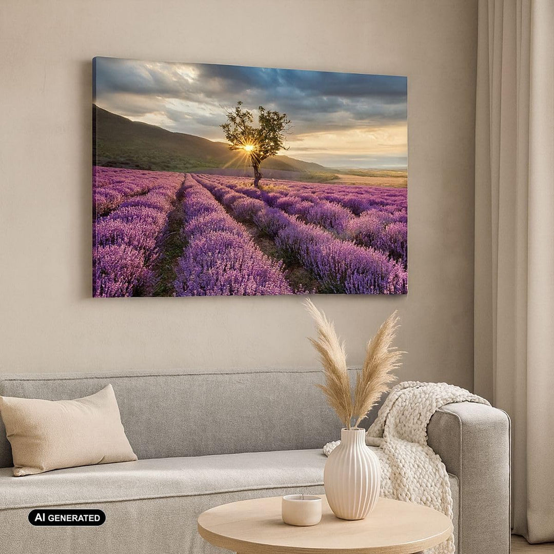 Bilder auf Leinwand 100x70cm Leinwandbild mit Rahmen Lavendel Berge Feld Gross Wanddeko Bild Schlafz