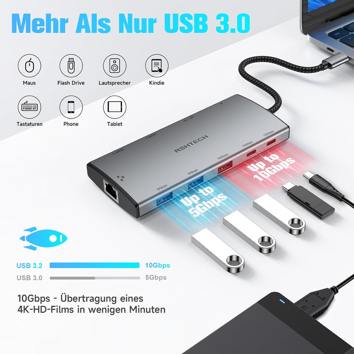 RSHTECH 11 in 1 MacBook Laptop Dockingstation mit 2 HDMI (8K und 4K), USB 3.2 und 3.0, 100W PD, SD/T
