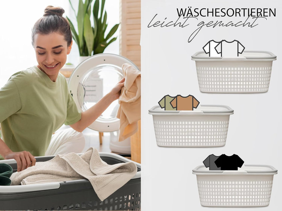 Hausfelder Wäschekorb + Wäschewanne mit Henkel 2er Set 35L Weiss – Kunststoff Tragewanne 58x37x25cm,