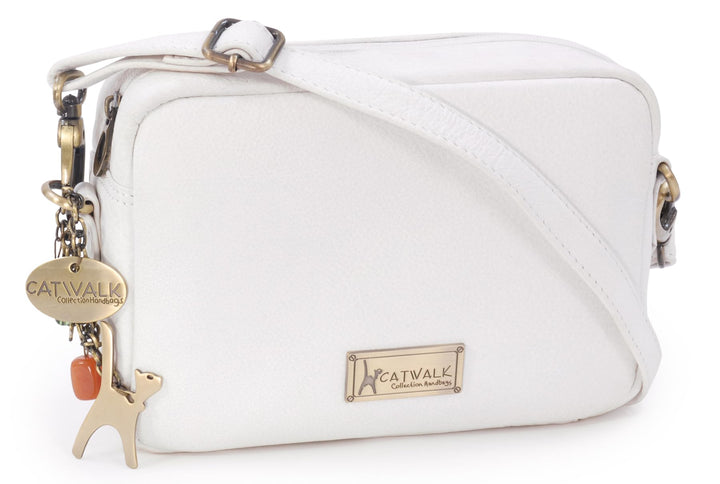 Catwalk Collection Handbags - Leder - Klein Umhängetasche Messenger/Schultertasche - POLLY Weiss, We