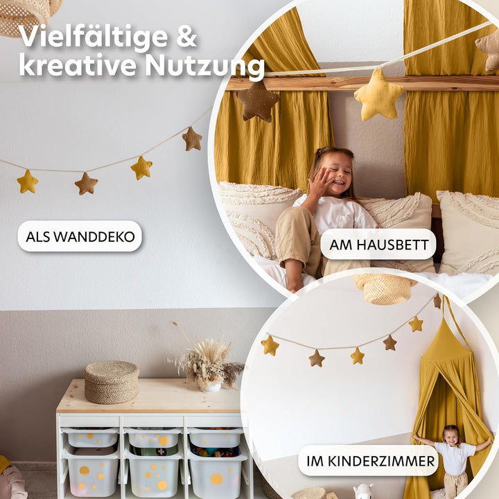 Sternen Wimpelkette Stoff - Mit Goldapplikation in 12 Farben - 100% Baumwolle Handmade - Musselin -