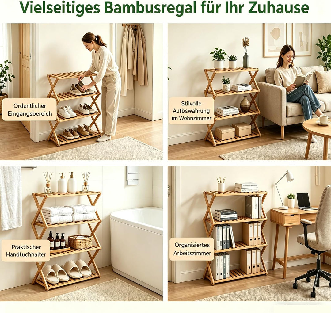Schuhregal, 4-stöckig, aus Bambus, zusammenklappbar, freistehendes Regal für den Eingangsbereich, da