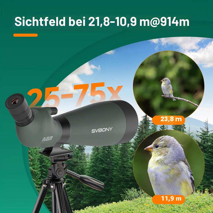 Svbony SV28 25-75x100mm Spektiv mit Stativ, Grosses Sichtfeld, Helle und Klare Bilder, HD BAK4 Porro