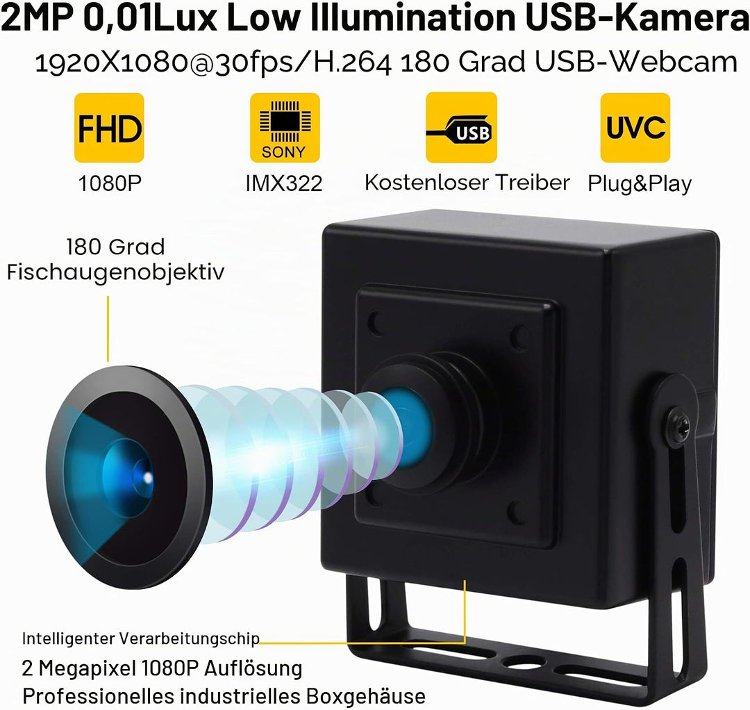 Svpro Min USB Kamera 1920x1080 HD USB Webcam 180 Grad Fisheye Webkamera 2MP mit IMX323 Sensor Schwac