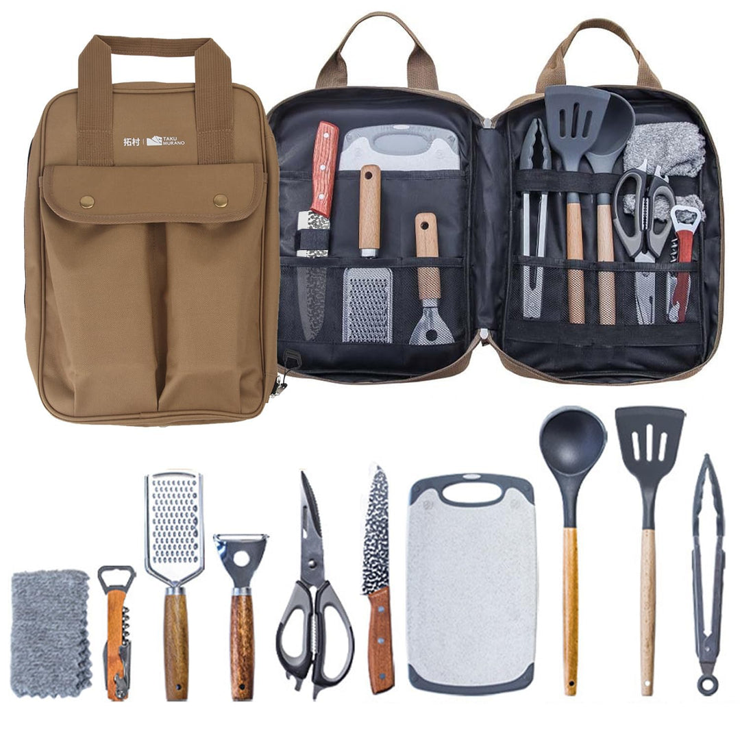 Sadodo Camping Küchenhelfer Utensilien Set 11 Teilig,Mit Organizer Tragtasche,Silikon Edelstahl Koch