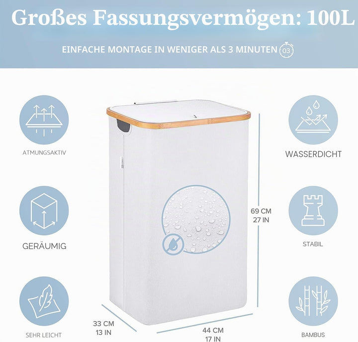Lonbet - Wäschekorb mit Deckel Gross - XL 100 Liter - Wäschekorb Holz Bambus - Wäschesammler Hellgra